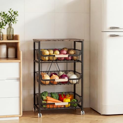 JAQ Fruit Vegetables Carts, 4-Tier Slide Out Metal Storage Baskets Stand Organizers with Wood Top and Handle on Rolling Wheels for Onions in Kitchen Pantry Fruteros para Cocina -(Black, 4 Layer) - color: 4-tier/Black