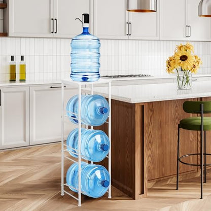 OYEAL 5 Gallon Water Bottle Jug Holder 3-Tier Water Bottle Holder Organizer with Top Shelf, Heavy Duty Water Dispenser Stand Rack for Kitchen Living Room Office, White - style: Round Tube White