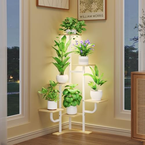 Homsorout Corner Plant Stand with Grow Light - 6 Tier Plant Stand Indoor Square Metal Plant Shelf with Adjustable Light, Plant Organizer for Living Room, Garden, Home Decor, Maple - color: Square-Maple-with Lights