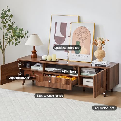 BERRYMERRY Walnut 62.2” Fluted Wave TV Stand for TVs up to 75” | drawer,open shelf,cabinet,round corner,entertainment center,tv console,cable manage,wood