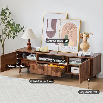 BERRYMERRY Walnut 62.2” Fluted Wave TV Stand for TVs up to 75” | drawer,open shelf,cabinet,round corner,entertainment center,tv console,cable manage,wood