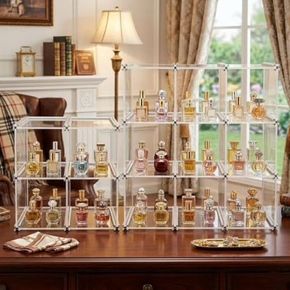 Open-Front Acrylic Desktop Display Case with Sturdy Aluminum Frame, Easy-Access Modular Clear Showcase with Removable Dividers, Transparent Organizer Rack for Perfume, Blind Boxes & Figures (9-Cube) - size: 9-Cube