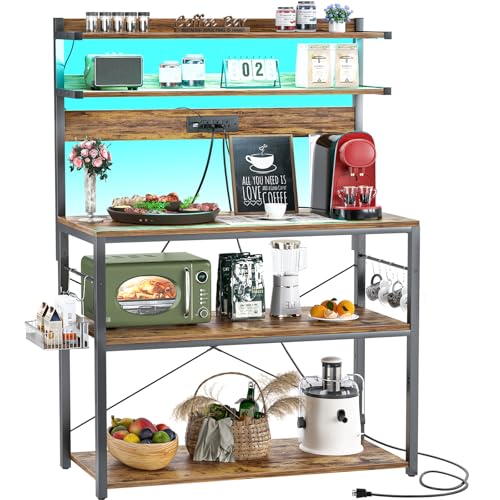 Aheaplus Bakers Rack with Power Outlet, Microwave Stand, 5 Tiers Coffee Bar Station with Led Lights, Kitchen Storage Shelf with 6 S-shaped Hooks, Kitchen Rack Coffee Bar Stand, Rustic Brown - color: Rustic Brown, size: 31.5 inch