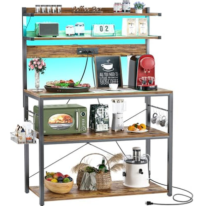 Aheaplus Bakers Rack with Power Outlet, Microwave Stand, 5 Tiers Coffee Bar Station with Led Lights, Kitchen Storage Shelf with 6 S-shaped Hooks, Kitchen Rack Coffee Bar Stand, Rustic Brown - color: Rustic Brown, size: 31.5 inch