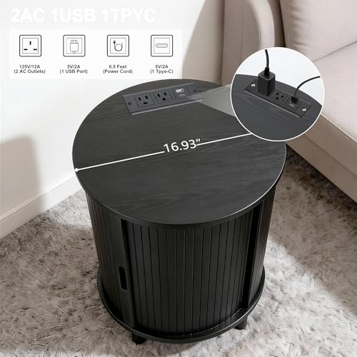 DHH Round End Table with Storage & Charging Station, Fluted Accent Side Table with Sliding Door & Adjustable Shelf, Mid-Century Nightstand for Small Spaces, Living Room, Bedroom (1, Black) - color: Black