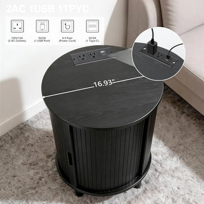 DHH Round End Table with Storage & Charging Station, Fluted Accent Side Table with Sliding Door & Adjustable Shelf, Mid-Century Nightstand for Small Spaces, Living Room, Bedroom (1, Black) - color: Black