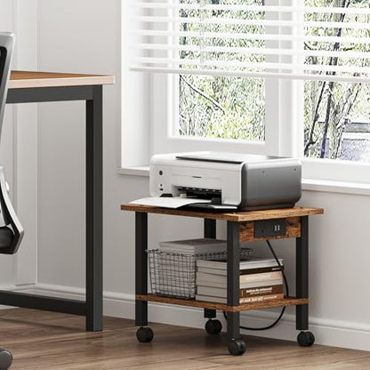 TUTOTAK Printer Stand, 2 Tier Rolling Printer Cart with Charging Station | Small Under Desk Printer Table with Wheels for Small Space, Office, Home, Brown PS01BB001P - color: Brown, size: 2 tier(18.9 x 11.8 x 15.4inchs)