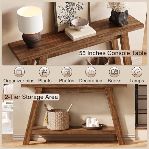 Console Table, 55-Inch Entryway Table with Storage 2-Tier Narrow Wood Console Table Behind Couch Sofa Tables for Living Room, Entryway, Hallway (Light Brown) - color: Brown
