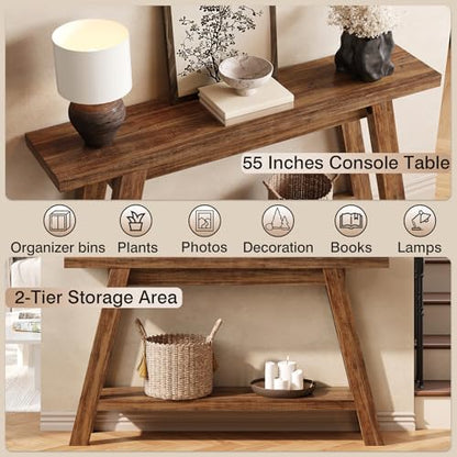 Console Table, 55-Inch Entryway Table with Storage 2-Tier Narrow Wood Console Table Behind Couch Sofa Tables for Living Room, Entryway, Hallway (Light Brown) - color: Brown