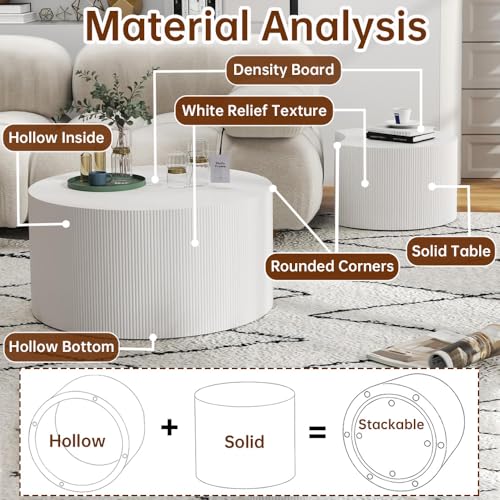 Round Nesting Coffee Table Set of 2 Modern Cream Fluted Coffee Table Small Round End Table Crescent Side Table Circular Coffee Tables Nested Coffee Tables for Living Room (Cream Large) - color: Cream Large