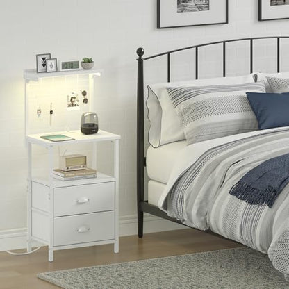 sthmec Tall Nightstands with Charging Station, LED Night Stand Bedsides with 2 PU Finish Fabric Drawers,Hooks,USB Port and Oepn Storage Shelves,Tall End Table Bedside for Bedroom,Office, White - color: White, style: 2 Drawers