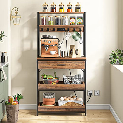 LITTLE TREE Kitchen Baker’s Rack with Power Outlets, Freestanding 5-Tier Microwave Stand with Drawers & Sliding Shelves, Coffee Bar with 6 Hooks for Dining Room Living Room, Rustic Brown - color: Rustic Brown