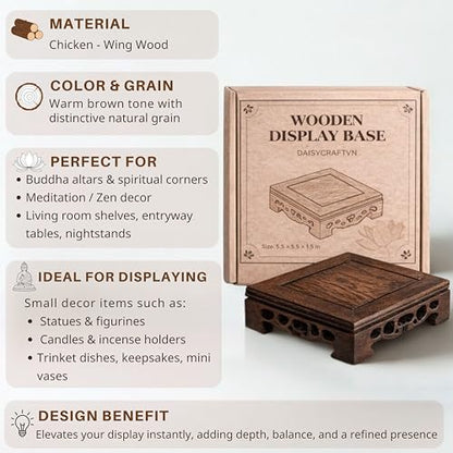 Wooden Display Square Stand Base 5.5"×5.5" – Wood Plant Stand, Pedestal Stand, Tabletop Plant Stand, Risers Display Stands, Oriental Style, Carved Base, Candle Stand