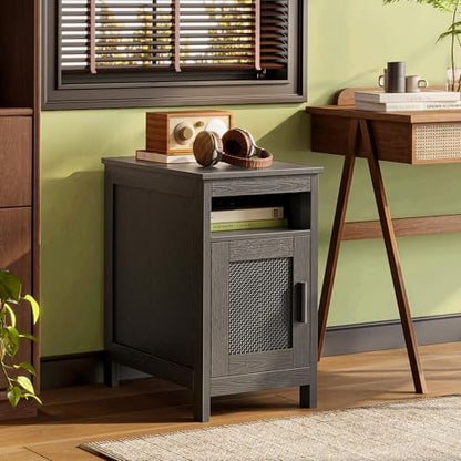 Huuger Narrow Night Stand, End Table with Charging Station, USB-C Port, Rattan Side Table with Cabinet and Open Shelf, Synthetic Rattan, for Small Spaces, Bedroom, Black - color: Black