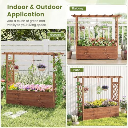 Giantex Raised Garden Bed with Sided Trellis & Roof, 45”x16”x41” Wood Elevated Planter Box, Freestanding Garden Planter Raised Bed for Flowers Herbs Climbing Vines,Brown,1 - color: Brown, size: 45”x16”x41”