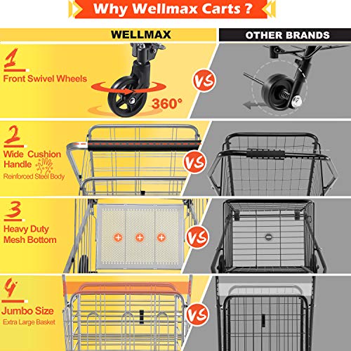Wellmax Folding Grocery Cart with Wheels, Heavy Duty Metal Utility Cart with Mesh Bottom, Extra Rear Basket, 160 lb Capacity, Dual Swivel Wheels, Foldable Trolley for Groceries & Laundry - size: Jumbo
