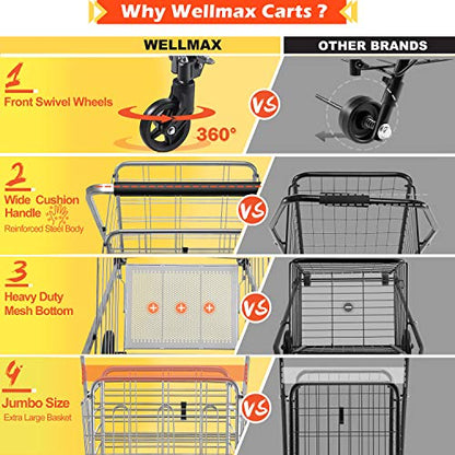 Wellmax Folding Grocery Cart with Wheels, Heavy Duty Metal Utility Cart with Mesh Bottom, Extra Rear Basket, 160 lb Capacity, Dual Swivel Wheels, Foldable Trolley for Groceries & Laundry - size: Jumbo