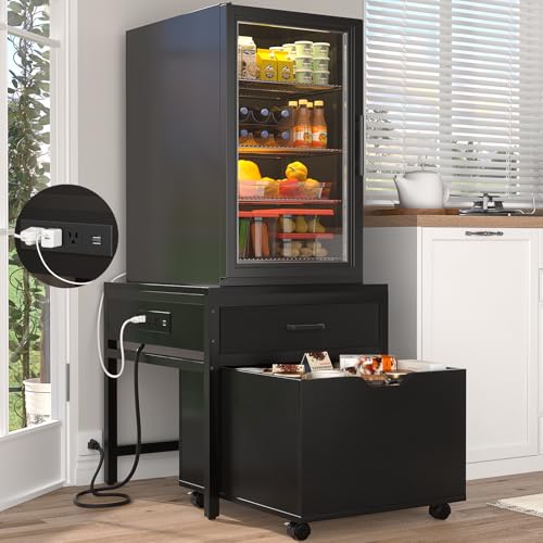 Unikito Mini Fridge Stand with Drawer Storage & Power Outlet, Black | Heavy duty mobile beverage refrigerator shelf with lockable wheels, 22.8" x 21.6" table, max load 300 lbs for office. - color: Black