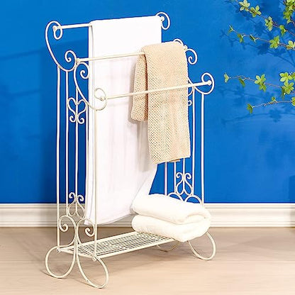 Standing Metal Towel Organizer & Drying Rack with Shelf - Freestanding for Bath, Hand & Wash Towels