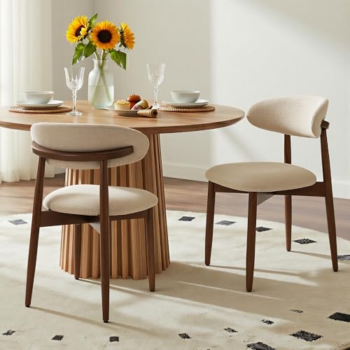 COLAMY Mid-Century Modern Wooden Dining Chair Set of 2, Indoor Upholstered Kitchen Chairs with 2.6" Cozy Padded Seat, Walnut Finish Side Dining Chair for Dining Room & Kitchen, Beige - color: Beige, size: 2 Chairs