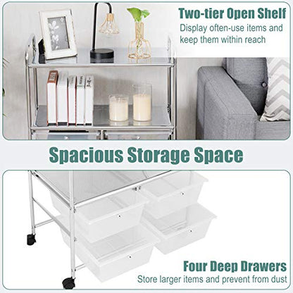 RELAX4LIFE Rolling Storage Cart with 4 Drawers & 2 Shelves, Metal Frame Paper Scrapbook File Organizer for Home Office, School Classroom, Movable Art Craft Cart (Clear) - color: Clear