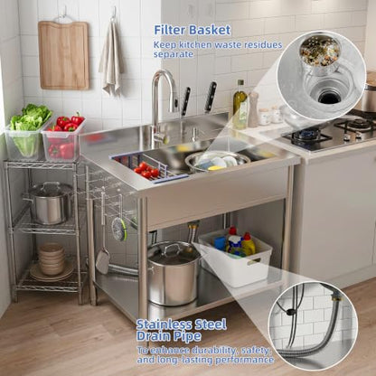 Stainless Steel Utility Sink, 38.4" Single Bowl Freestanding Laundry Sink with 360° Hot & Cold Water Faucet, Hoses & Drain Kit, Outdoor/Indoor Commercial Sink for Kitchens, Garage, Laundry Room - size: 38.4" x 22.6" x 35"