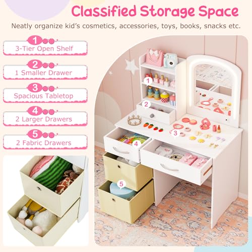 Costzon Kids Vanity with Lights, Princess Makeup Dressing Desk with Mirror and Stool, Storage Drawers, Shelves, Vanity Table and Chair Set for Little Girls (White) - style: White