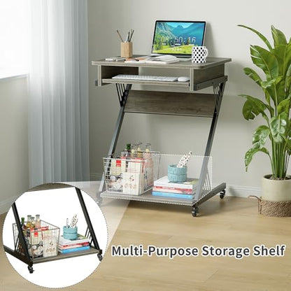 ALISENED 23.6" Z-Shaped Computer Desk for Small Spaces with Keyboard Tray, Wheels and Bottom Shelves, Compact Space-Saving Home Office Workstation, Grey - color: Grey