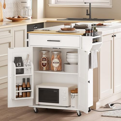 HOOBRO Kitchen Island with Power Outlet, Rolling Kitchen Island with Large Worktop, Kitchen Island Cart with Spice Rack and Drawer, Island Table for Dining Room, White and Natural WN88UZD01 - color: Natural + White