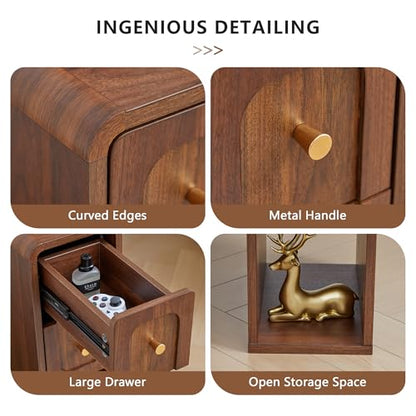 Narrow Nightstand with 2 Drawers, Small Bedside Tables, Mid-Century Modern Slim Night Stand with Storage, Wooden End Table for Small Spaces, Bedroom, Living Room (Walnut-1PCS) - color: 2drawers-walnut-1pcs