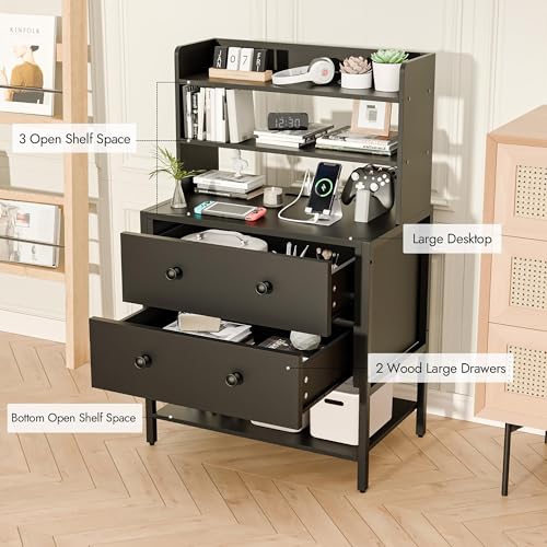 39 Inch Tall Nightstand with 2 Drawers & Charging Station, Black | 4-tier Open Shelves, P2 Particle Board, Steel Frame, 2 AC Outlets, 2 USB Ports, Suitable for Dorm and Apartment - color: Black