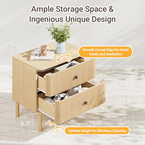 23" Fluted Nightstand with Soft Rounded Drawer Fronts & Solid Wood Cylindrical Legs, 2 Drawer Night Stand with Charging Station,End Table w/Metal Knobs,Bedside Table for Bedroom,Natural Oak - color: Natural Oak - Rounded Drawer, size: 23"W