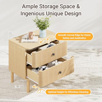 23" Fluted Nightstand with Soft Rounded Drawer Fronts & Solid Wood Cylindrical Legs, 2 Drawer Night Stand with Charging Station,End Table w/Metal Knobs,Bedside Table for Bedroom,Natural Oak - color: Natural Oak - Rounded Drawer, size: 23"W