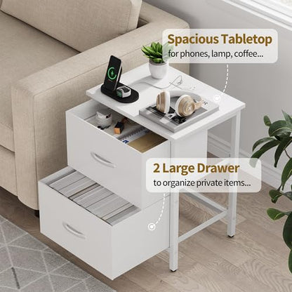 Vagusicc Nightstand with Charging Station, Bedside Table with USB Ports and Outlet, End Table Side Table with 2 Fabric Drawers for Bedroom, Living Room, White - color: White (1 Pack)