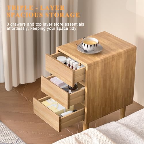 Nightstand with 3 Drawers Narrow Night Stand Solid Wood Bedside Table Mid Century Modern Nightstand Wooden End Table for Bedroom, Study, Office - color: Natural-3d, size: 15.75''×11.8''×23.62''