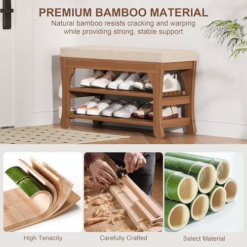 PETKABOO 27.6" Shoe Storage Bench with Cushion, Bamboo Shoe Rack Bench, 2-Tier Entryway Shoe Organizer, Supports up to 350 LB, for Hallway, Bedroom, Closet, Living Room - size: 27.6"