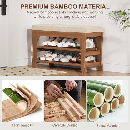 PETKABOO 27.6" Shoe Storage Bench with Cushion, Bamboo Shoe Rack Bench, 2-Tier Entryway Shoe Organizer, Supports up to 350 LB, for Hallway, Bedroom, Closet, Living Room - size: 27.6"