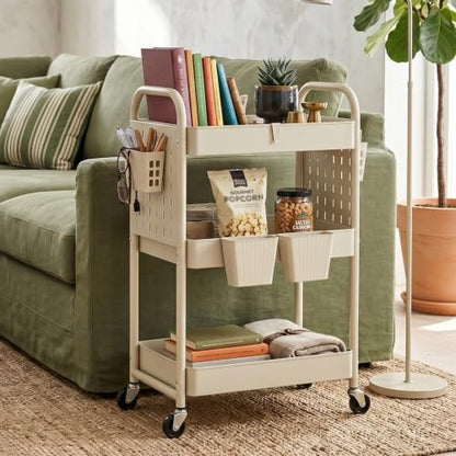 danpinera 3 Tier Rolling Cart with Retractable Dividers, Multi-Functional White Rolling Utility Cart with Pegboards, Hooks & Hanging Cups for Nursery, Living Room, Studio - color: Beige