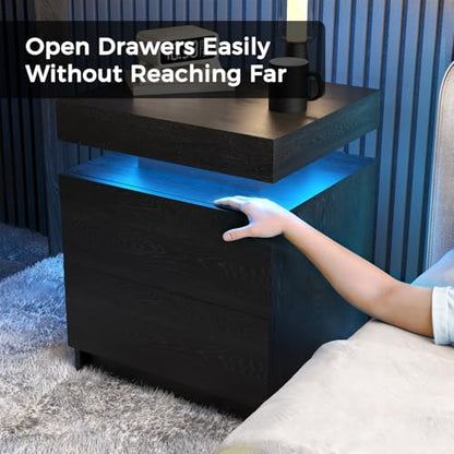 LED Nightstand, Modern Black Night Stand End Tables with APP & Remote Control LED Lighting, 2 Drawers, Open Shelf Storage, Bedside Tables for Bedroom & Living Room