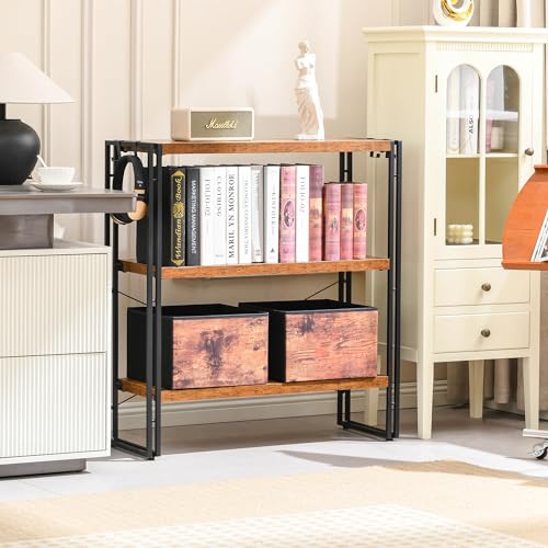 HCHQHS Bookshelf, 3-Tier Industrial Bookcase, Rustic Open Book Shelf, Freestanding Horizontal Bookshelves with Metal Frame - color: Rustic Brown, size: 3-Tier (31.5"W x 33.5"H)