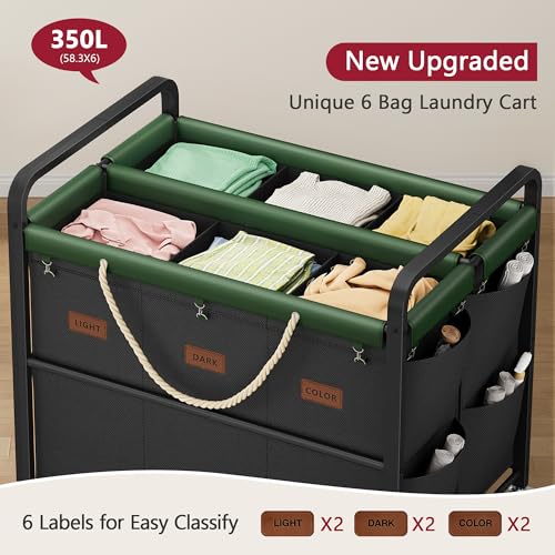 350L Extra Large Laundry Cart, Laundry Hamper 6 Section, Black | Large Capacity, Heavy Duty Lockable Wheels, Sturdy Metal Frame, Leather Patchwork, Removable Bags - color: Black, size: 6 Bag 350L