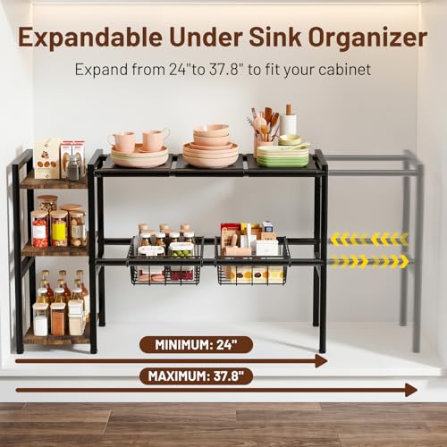 Housolution Expandable Under Sink Cabinet Organizer Rack and Storage Shelf | 24"-37.8" Expandable Length, 3-Tier Side Wooden Shelves, Height Adjustable for Kitchen Bathroom
