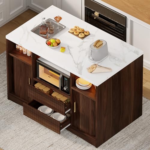 Kitchen Island with Storage, Island Table for Kitchen with Power | Outlet & LED Light, Coffee Bar Cart Rolling Buffet Cabinet with Fluted Sliding Door, 2 Drawers, Large Countertop, Walnut - color: Walnut