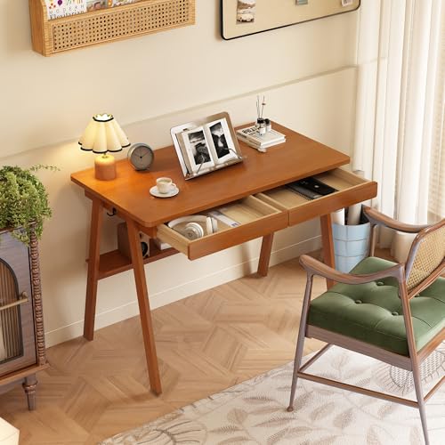 Solid Wood Desk with Drawers - 39.4 Inch Mid Century Modern Desks with Storage Shelf, Small Writing Desk for Small Spaces, Home Office Desks for Bedroom & Home, Walnut Color - color: Walnut, size: 39.4 in W x 21.7 in D