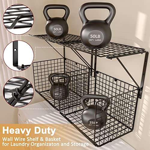 3IngSeagulls 2 Pack Laundry Room Shelves, Wire Baskets with 8 Hooks, Over Washer and Dryer Shelf, Wall Mounted Storage and Clothes Drying Rack, Black - color: Black
