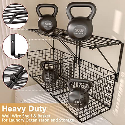 3IngSeagulls 2 Pack Laundry Room Shelves, Wire Baskets with 8 Hooks, Over Washer and Dryer Shelf, Wall Mounted Storage and Clothes Drying Rack, Black - color: Black