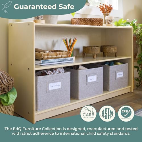 Guidecraft EdQ Two Shelf Open Storage 24'' Natural with 3 Fabric Bins: Wooden Multi-Purpose Bookcases and Toy Storage Organizer; Homeschool and Classroom Furniture - color: Natural