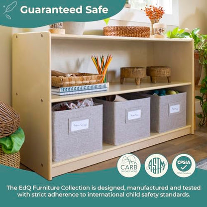 Guidecraft EdQ Two Shelf Open Storage 24'' Natural with 3 Fabric Bins: Wooden Multi-Purpose Bookcases and Toy Storage Organizer; Homeschool and Classroom Furniture - color: Natural