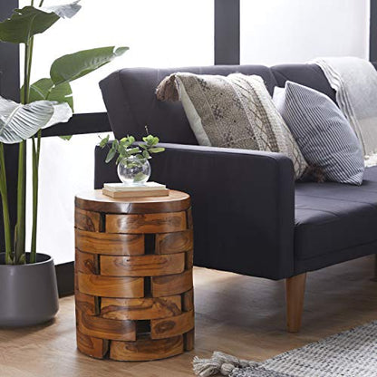 Deco 79 Teak Wood Handmade Side End Accent Table Live Edge End Table with Brick Inspired Design, Side Table 14" x 14" x 18", Light Brown - color: Light Brown, size: 14" x 14" x 18"