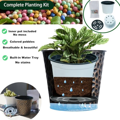 6in Metal Copper Planter Set of 2, Hammered Plant Pots 6" H×7" W, Built-in Tray & Inner Pots, Use as Vase/Candle Holder/Christmas Decor, Includes Pebbles, for Indoor/Outdoor Plants